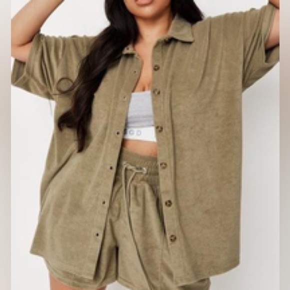 Missguided Tops - MISSGUIDED Hannah Renée Edit Olive Green Towelling Oversized Club Shirt Size 6